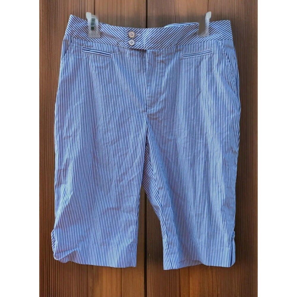 Bobby Jones Shorts Womens Size 10 White Blue Pinstripe Cotton Golf Shorts Long